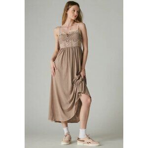 Lucky Brand Boho Maxi Dress Crochet Lace Smocked Back Neutral Size Large